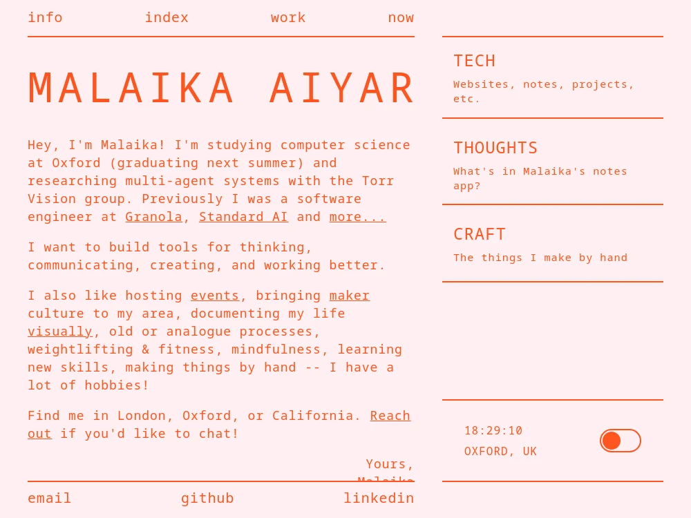 screenshot of malaikaaiyar.me